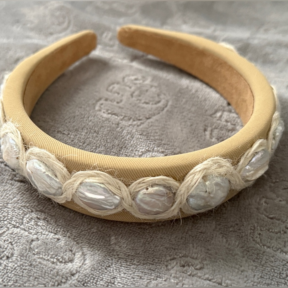 Elegant Tan Headband with Pearl Accents